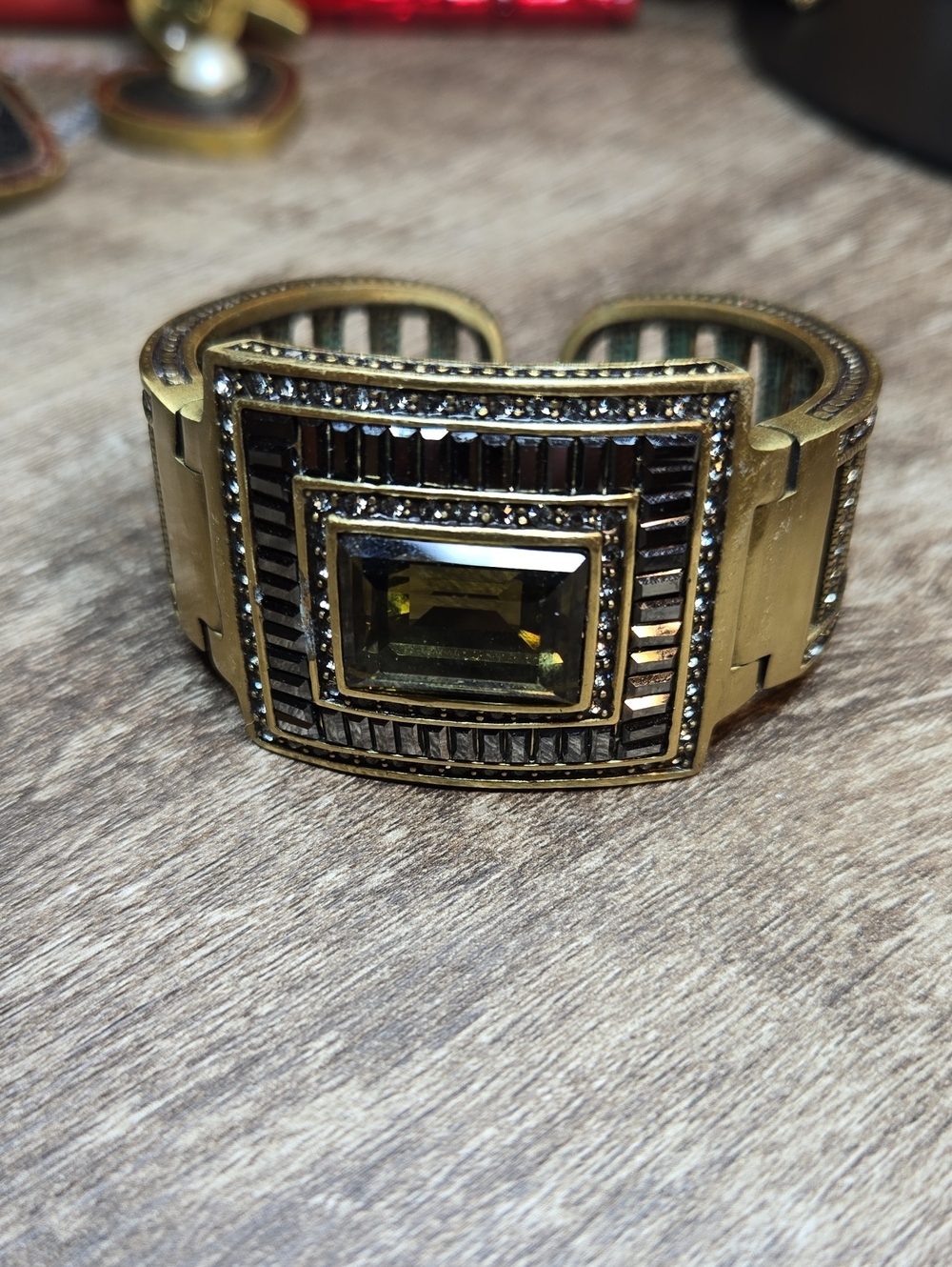 Heidi Daus "South Sea Riches" Art Deco Crystal Geometric Hinged Cuff Bracelet